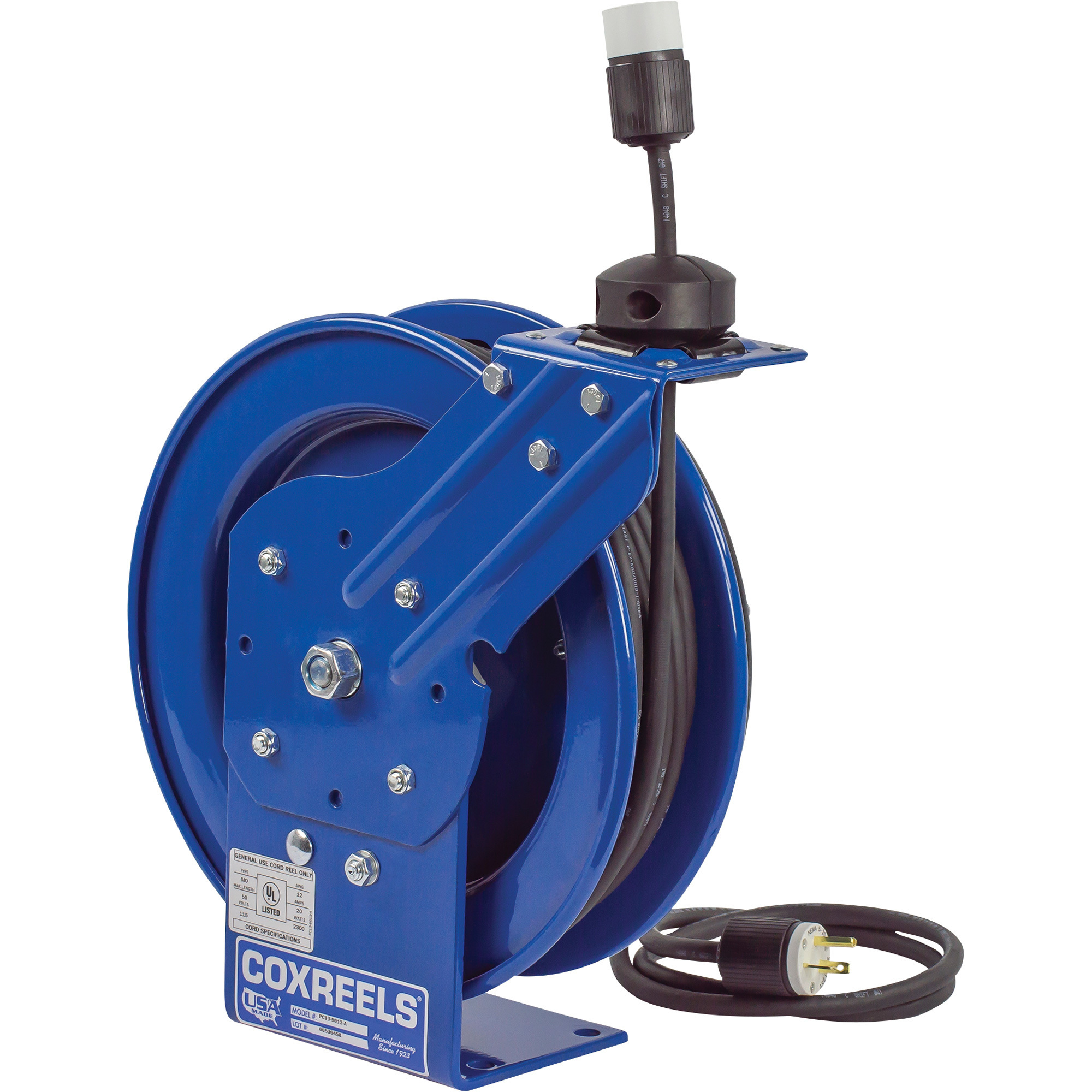 Coxreels PC Series Power Cord Reel, 50Ft., 16/3 Cord, with Single Receptacle, Model# PC-13-5016-A